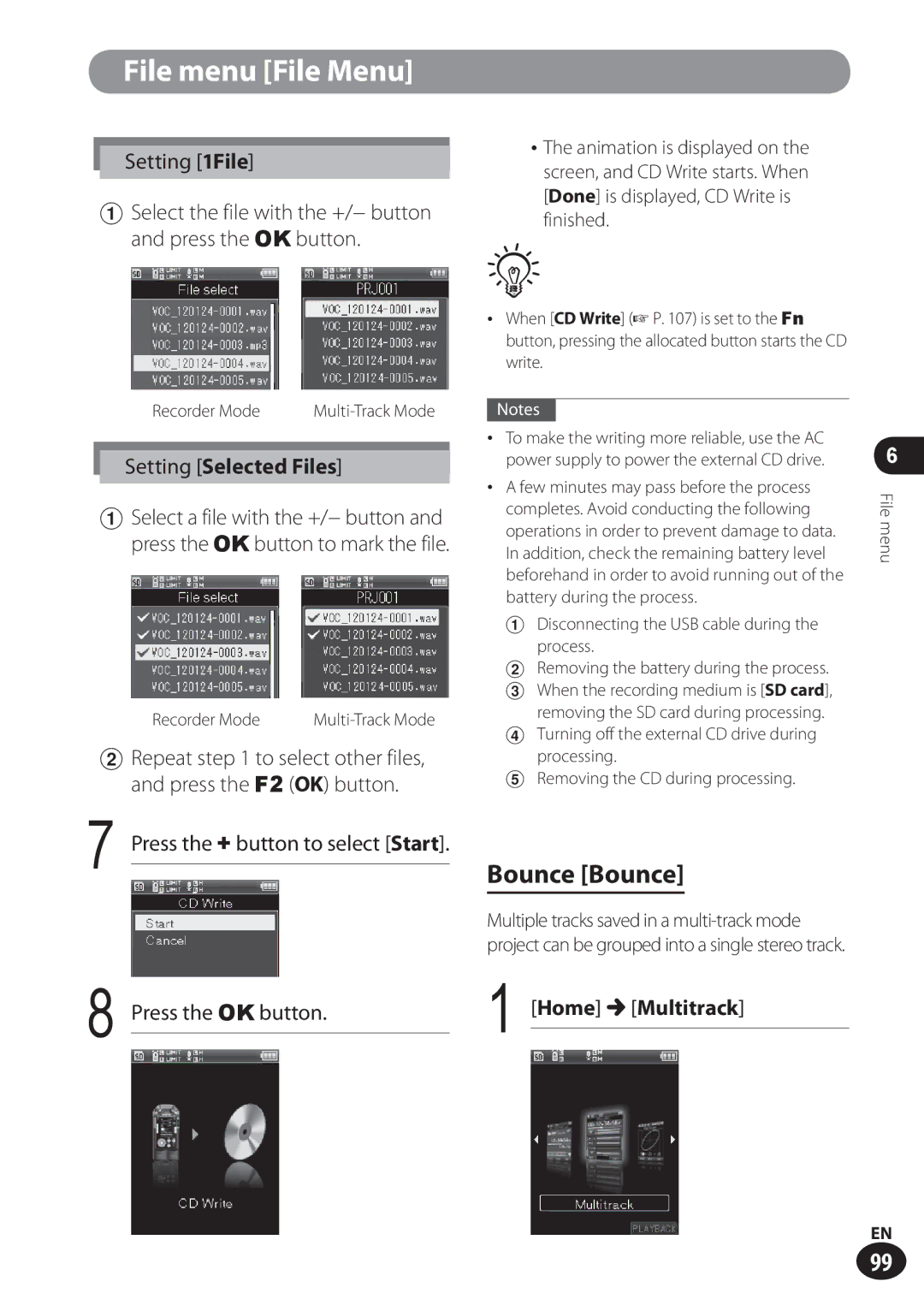 Olympus LS-100 user manual Bounce Bounce, Setting 1File, Setting Selected Files, Home Multitrack 