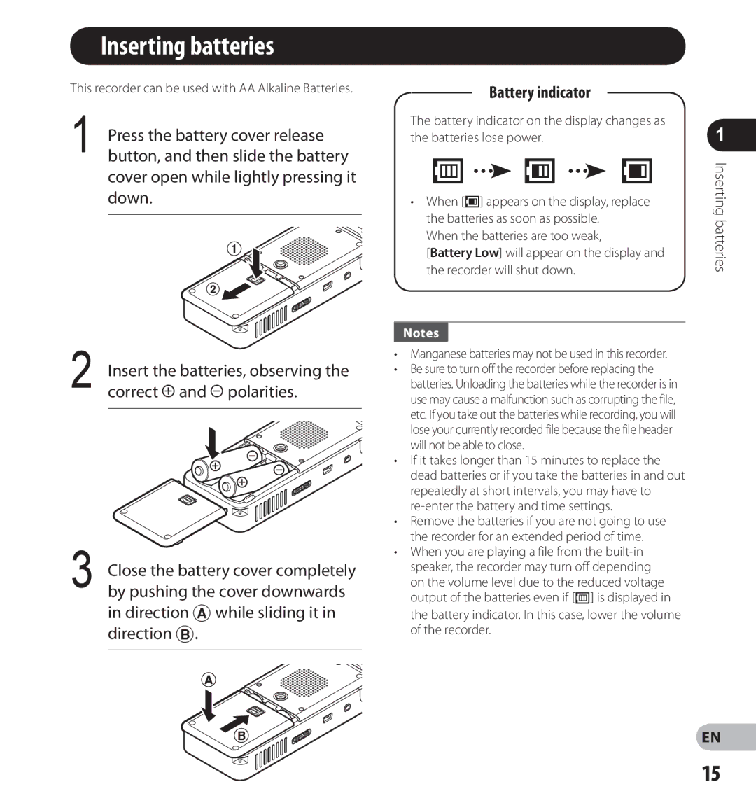 Olympus LS-12, LS-14 manual Inserting batteries, Battery indicator 