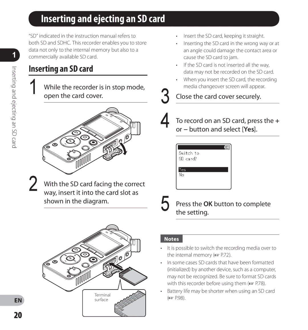 Olympus LS-14, LS-12 Inserting and ejecting an SD card, Inserting an SD card, Open the card cover, Shown in the diagram 