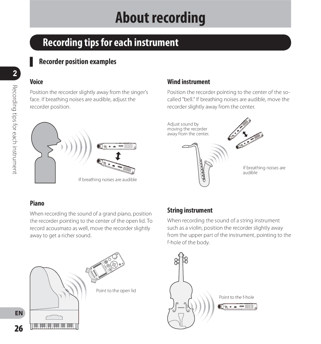 Olympus LS-14, LS-12 manual Recording tips for each instrument, Recorder position examples 