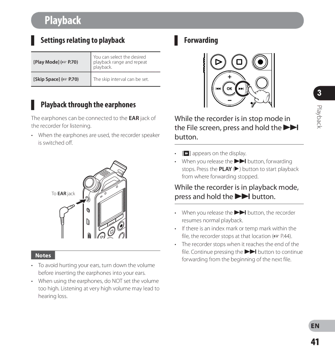 Olympus LS-12, LS-14 manual Settings relating to playback, Playback through the earphones, Forwarding 