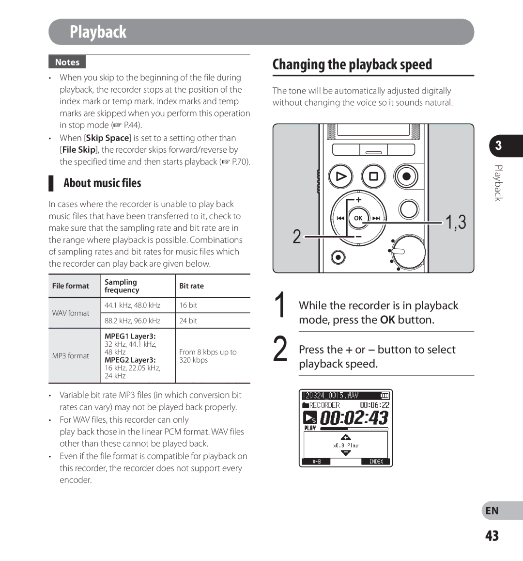 Olympus LS-12, LS-14 manual Changing the playback speed, About music files, Press the + or − button to select playback speed 