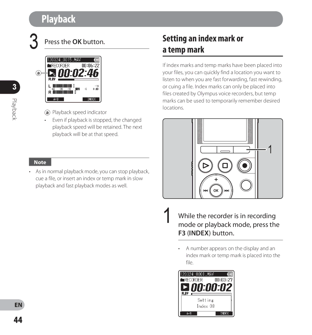 Olympus LS-14, LS-12 manual Press the OK button, Playback speed indicator 