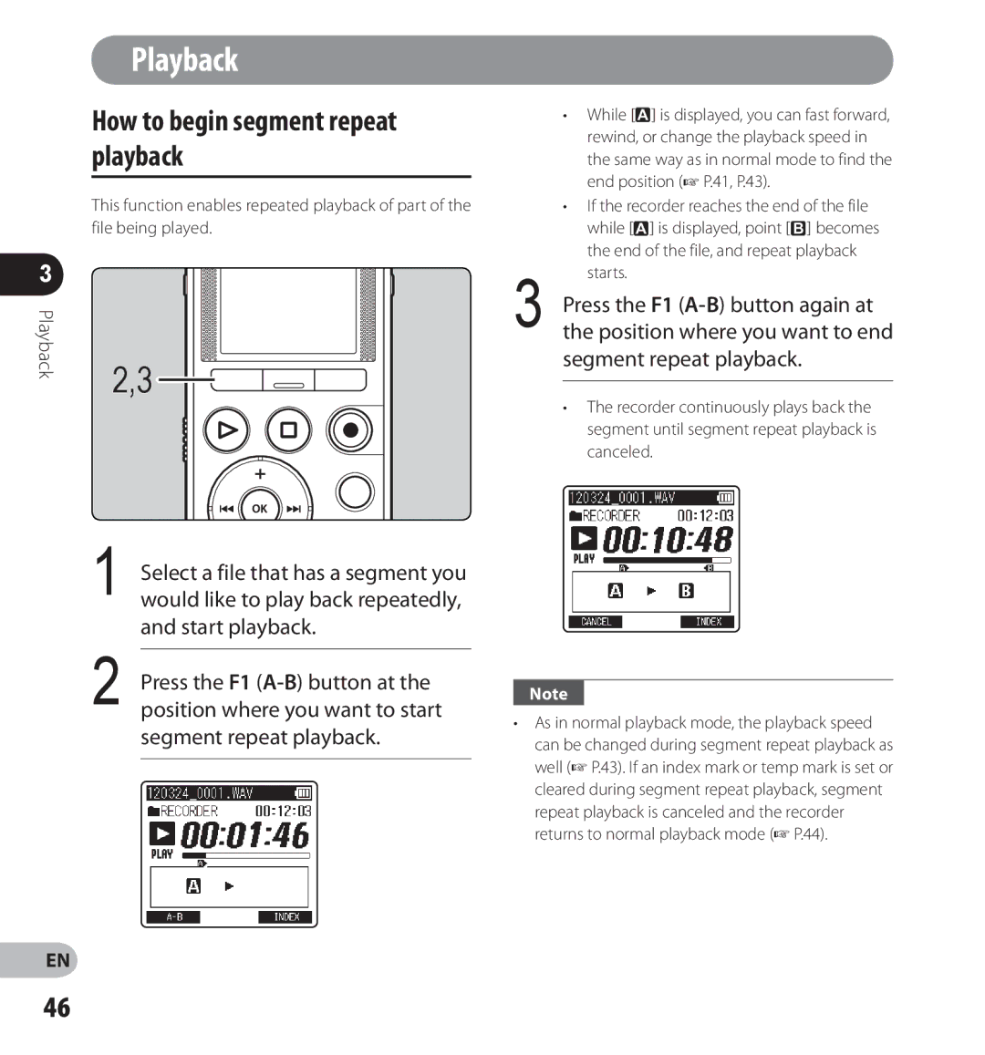 Olympus LS-14, LS-12 manual How to begin segment repeat playback, End of the file, and repeat playback starts 