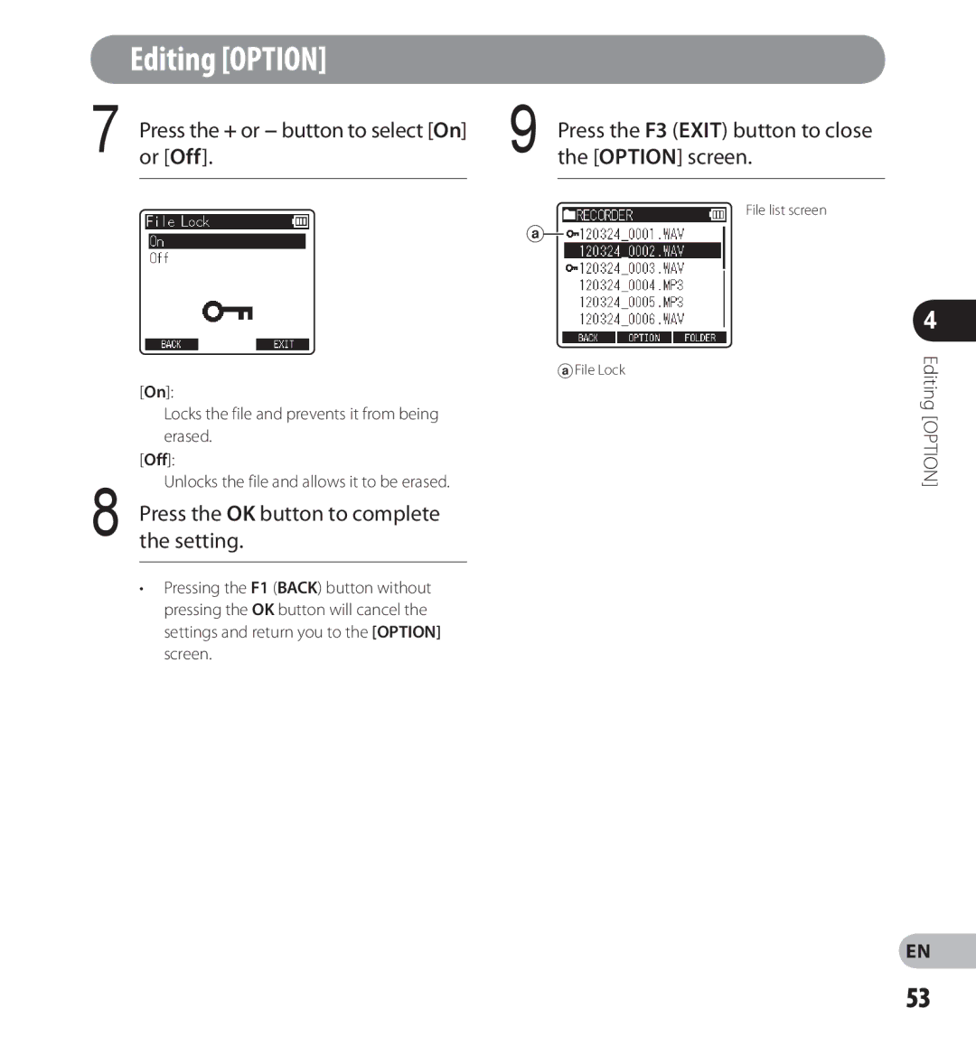 Olympus LS-12, LS-14 manual Press the + or − button to select On or Off, Press the F3 Exit button to close the Option screen 