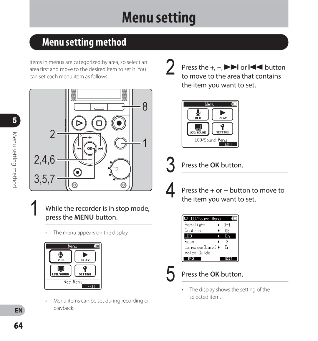 Olympus LS-14, LS-12 manual Menu setting method, Press the +, −, 9or 0button, Item you want to set 