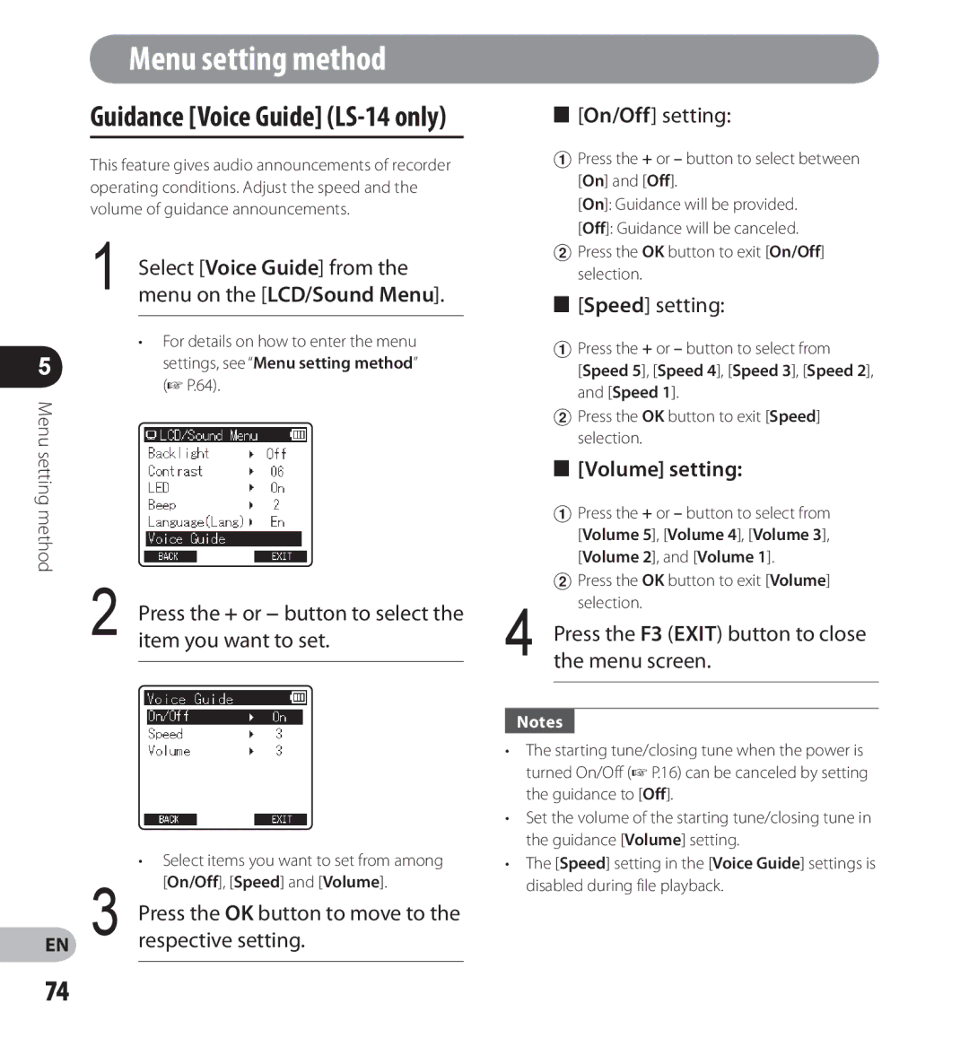 Olympus Guidance Voice Guide LS-14 only, Press the + or − button to select the item you want to set, Speed setting 