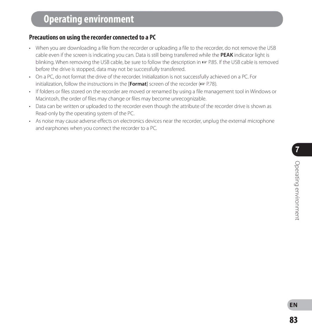 Olympus LS-12, LS-14 manual Precautions on using the recorder connected to a PC, Operating environment 