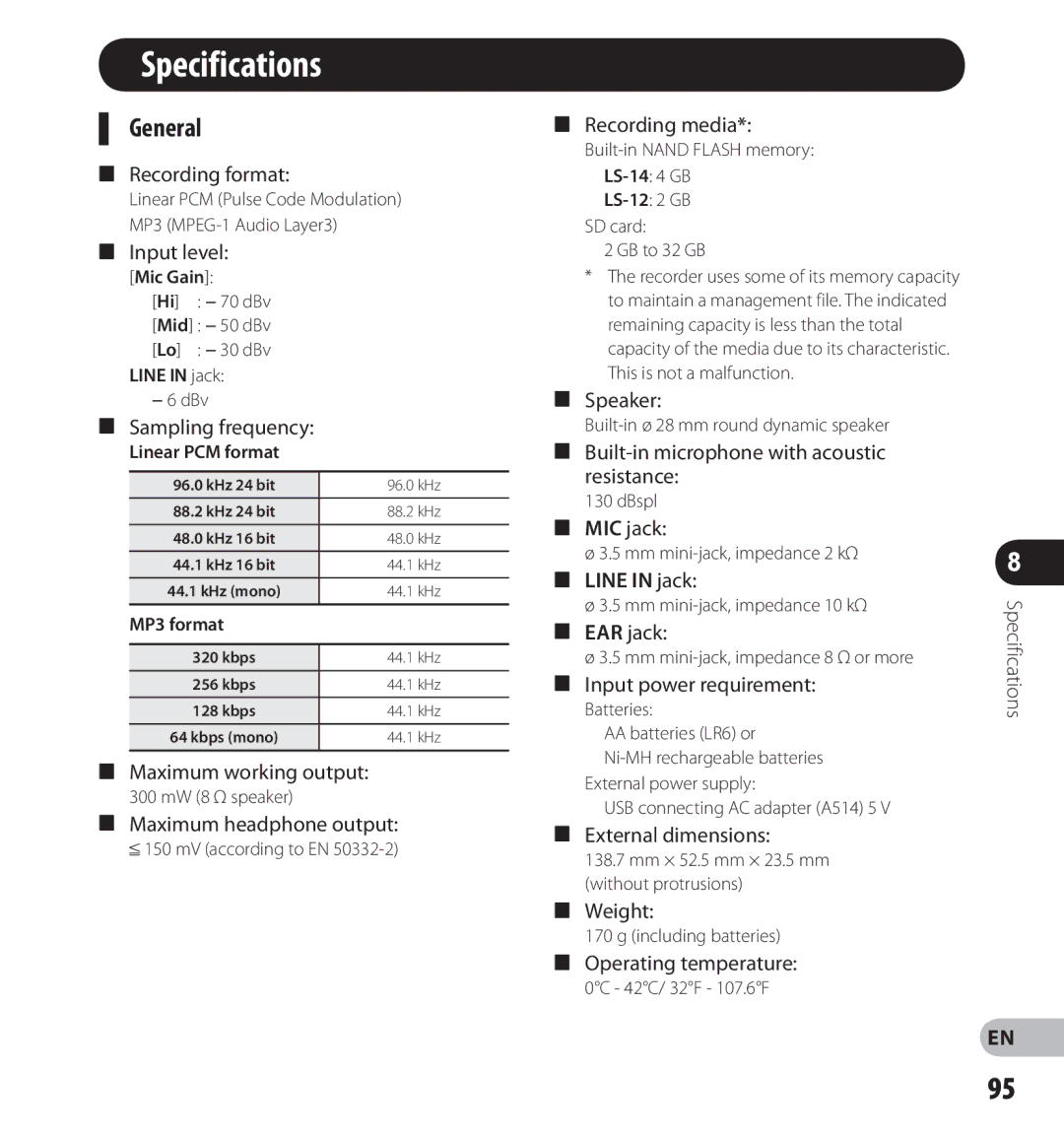 Olympus LS-12, LS-14 manual Specifications, General 
