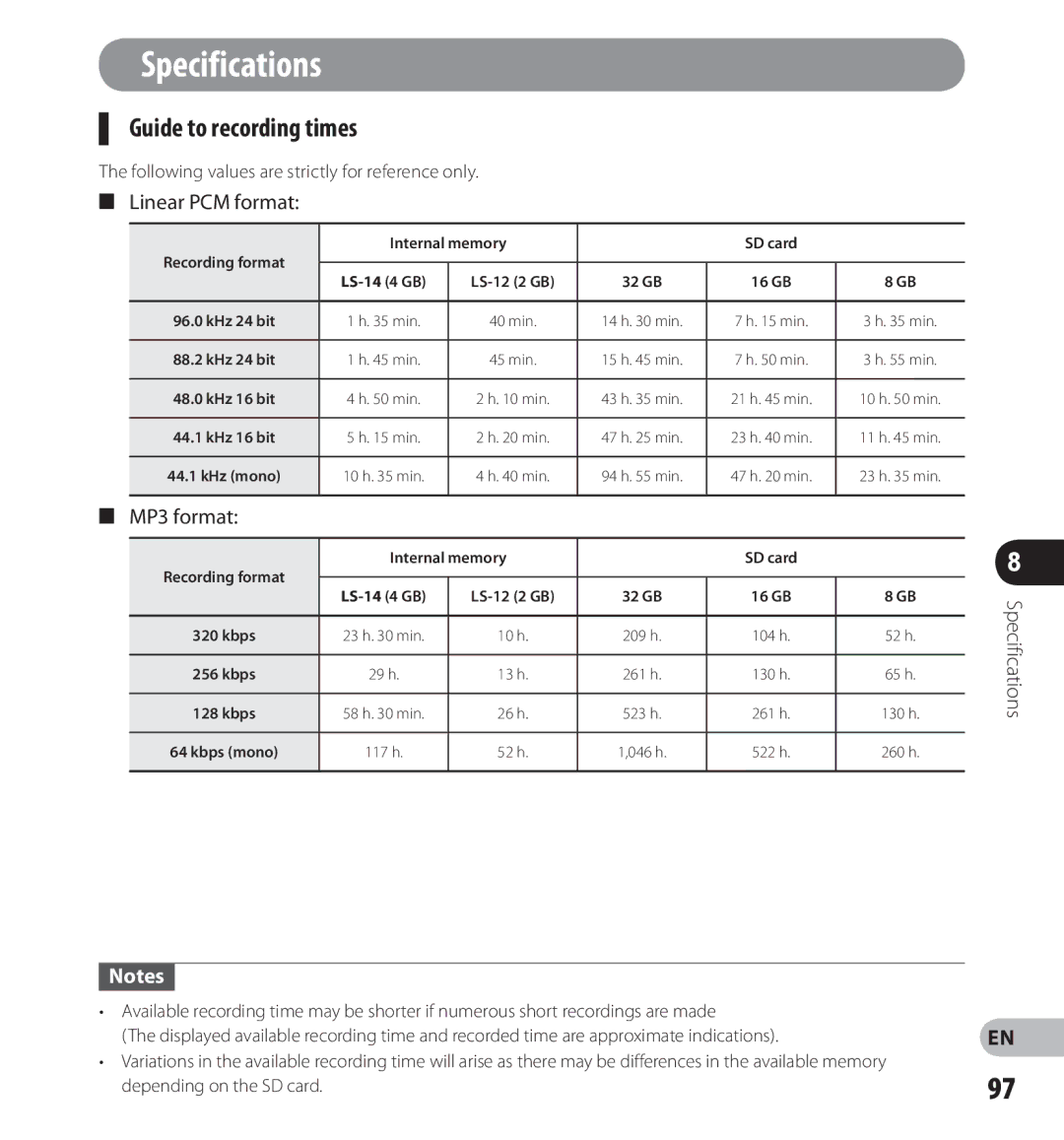 Olympus LS-12, LS-14 manual Guide to recording times, MP3 format, Following values are strictly for reference only 