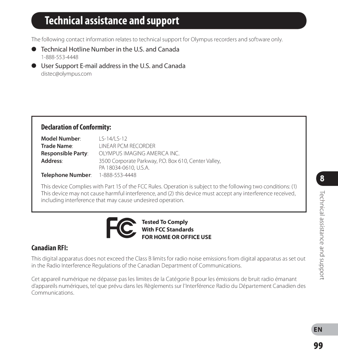 Olympus LS-12, LS-14 manual Technical assistance and support, Declaration of Conformity, Canadian RFI 
