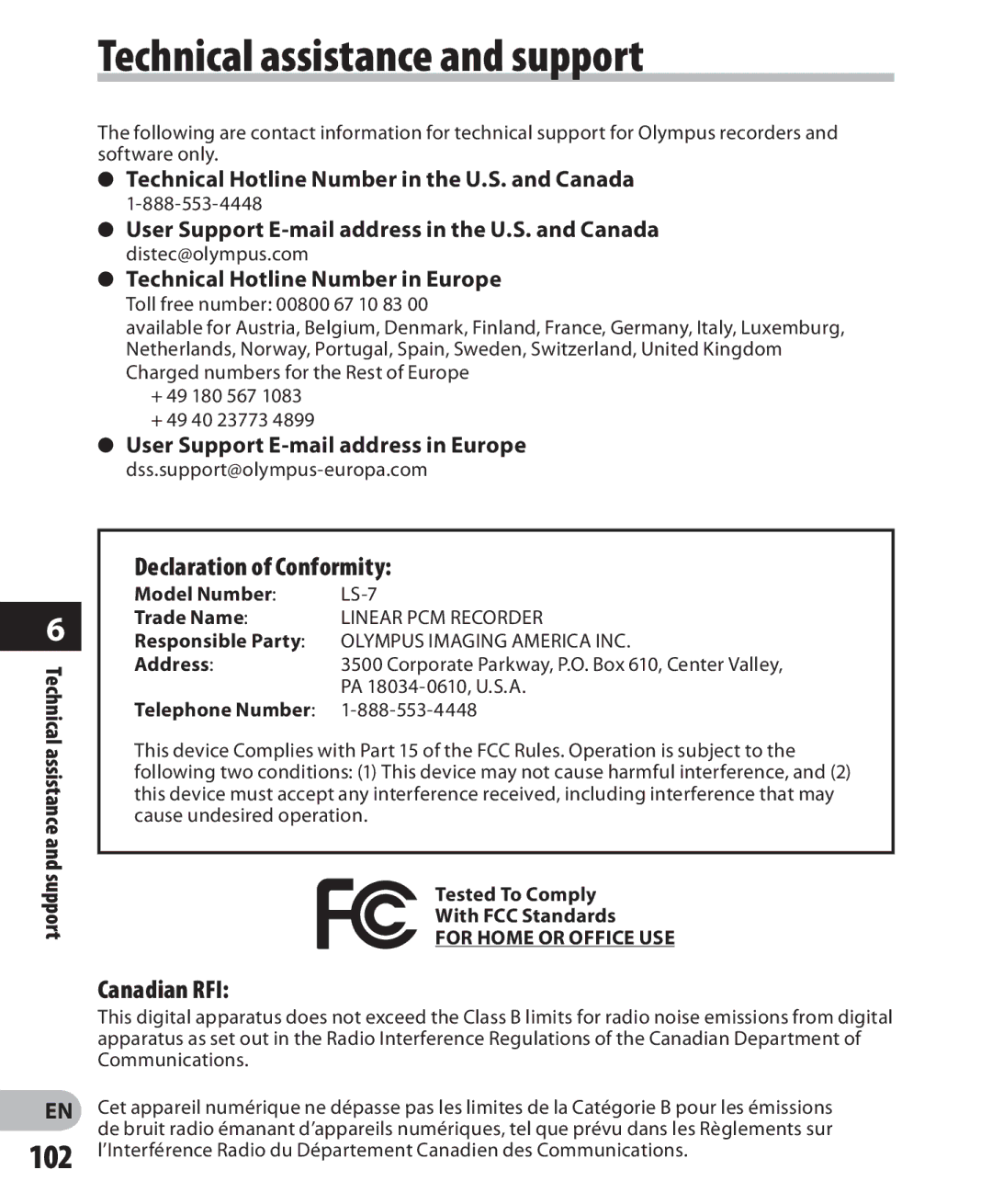 Olympus LS-7 manual Technical assistance and support, Declaration of Conformity, Canadian RFI 