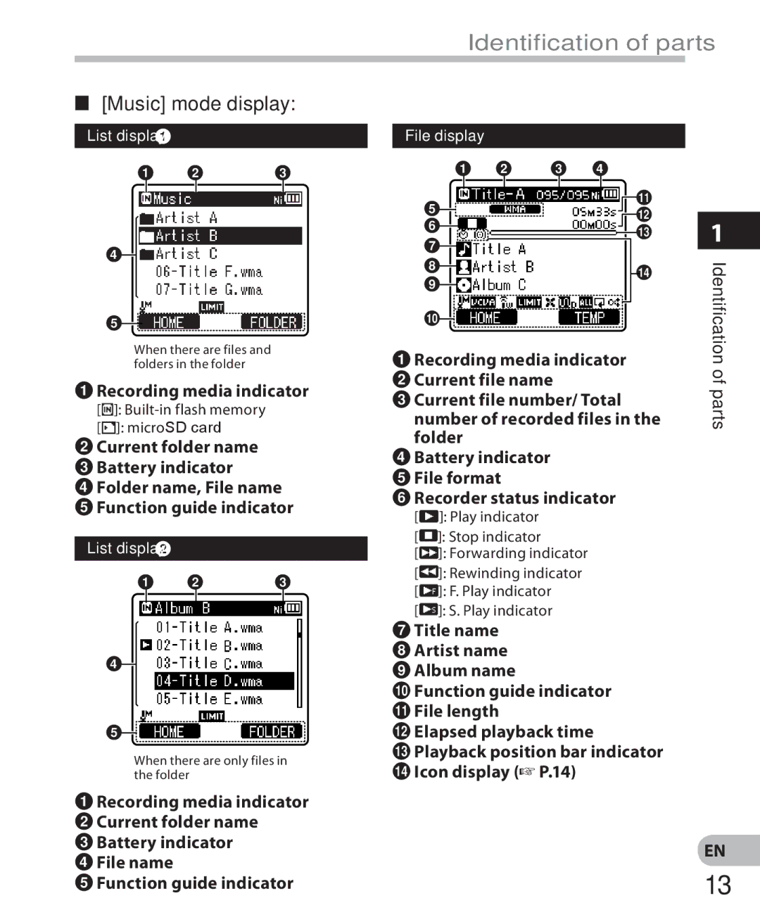 Olympus LS-7 manual Music mode display, 1Recording media indicator, Identification of parts 