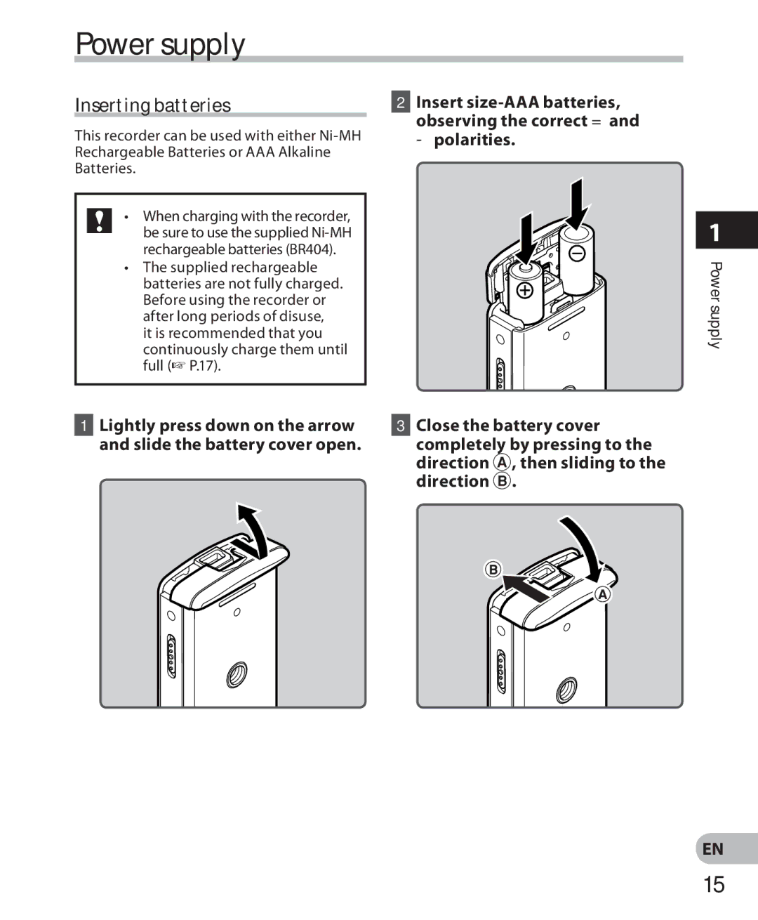 Olympus LS-7 Power supply, Inserting batteries, Close the battery cover, Direction B, Lightly press down on the arrow 