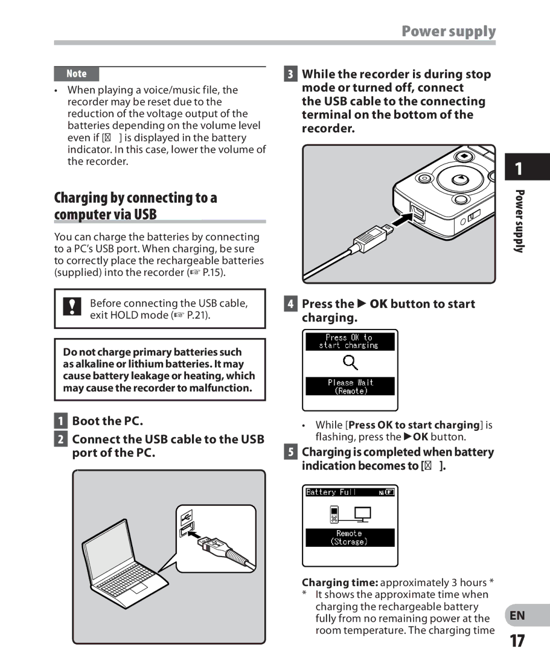 Olympus LS-7 manual Power supply, Charging by connecting to a computer via USB 