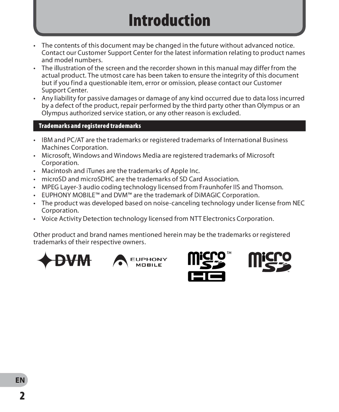 Olympus LS-7 manual Introduction, Trademarks and registered trademarks 