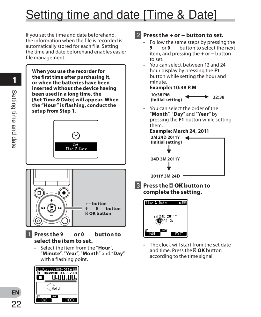 Olympus LS-7 manual Setting time and date Time & Date, Press the 9or 0button to Select the item to set 