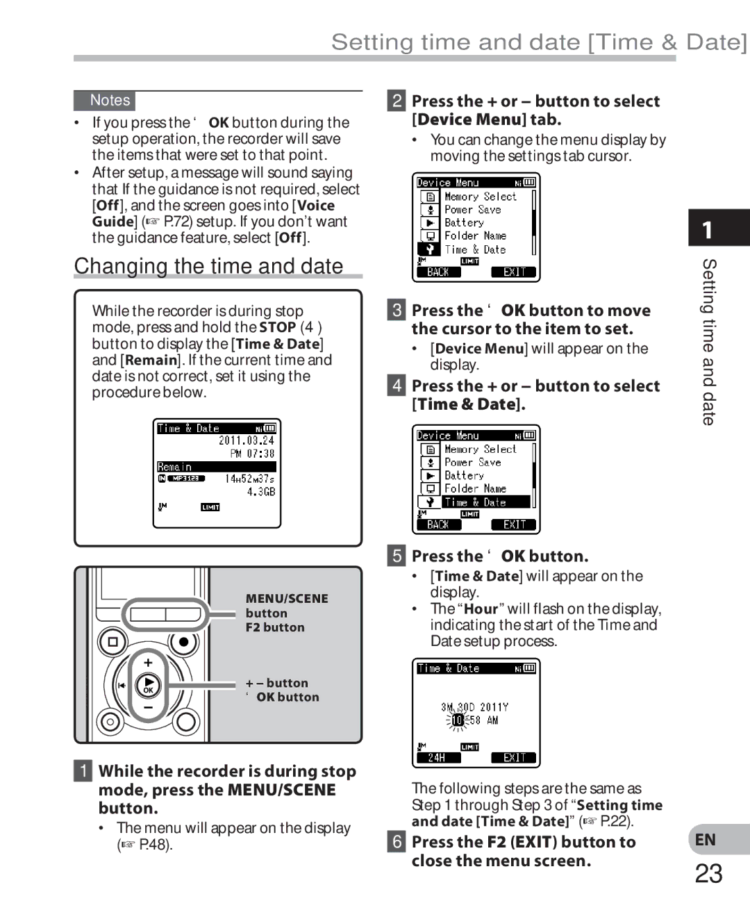 Olympus LS-7 manual Setting time and date Time & Date, Changing the time and date 