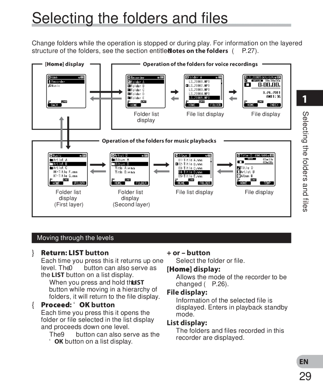 Olympus LS-7 manual Selecting the folders and files 