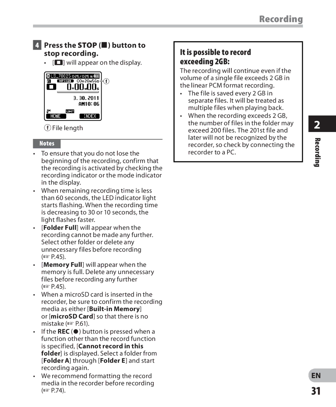 Olympus LS-7 manual Recording, Press the Stop 4 button to Stop recording, It is possible to record exceeding 2GB 