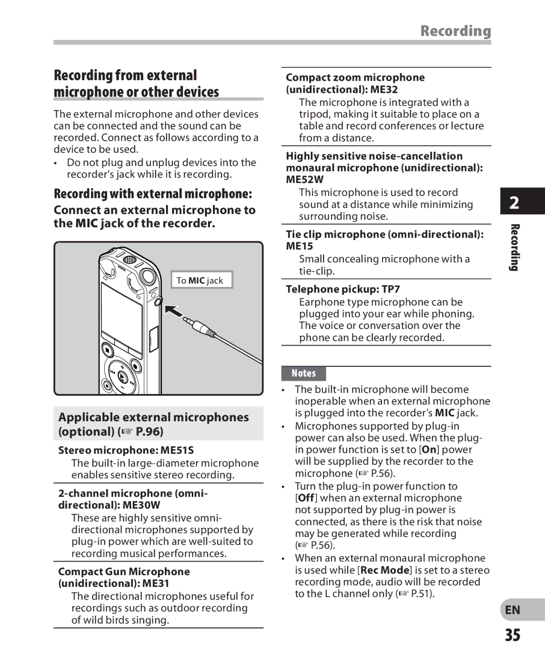 Olympus LS-7 manual Recording from external microphone or other devices, Applicable external microphones optional P.96 