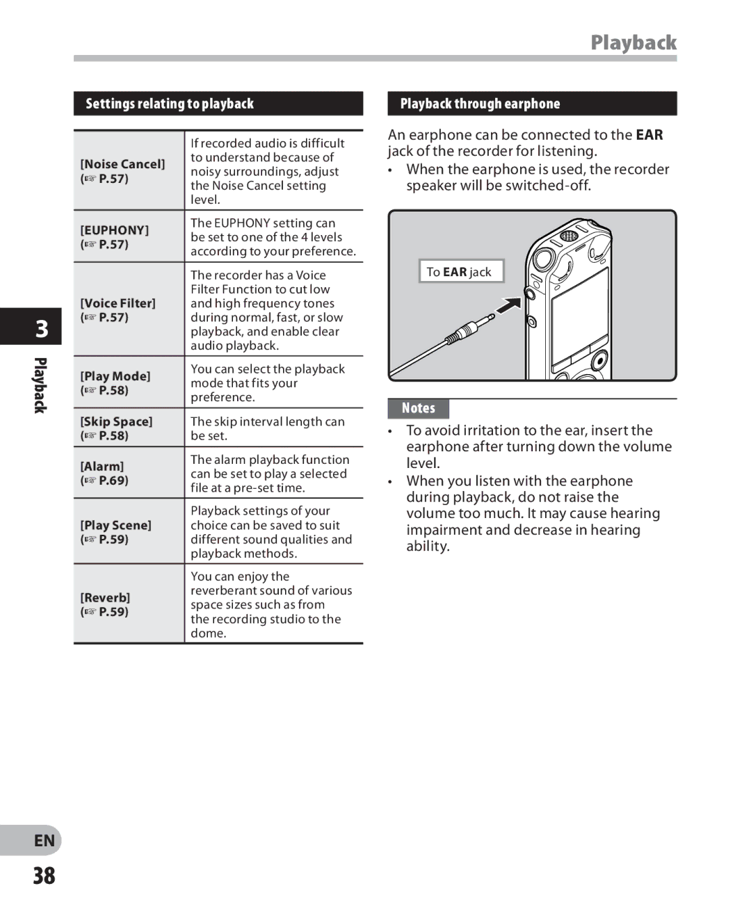 Olympus LS-7 manual Settings relating to playback, Playback through earphone 