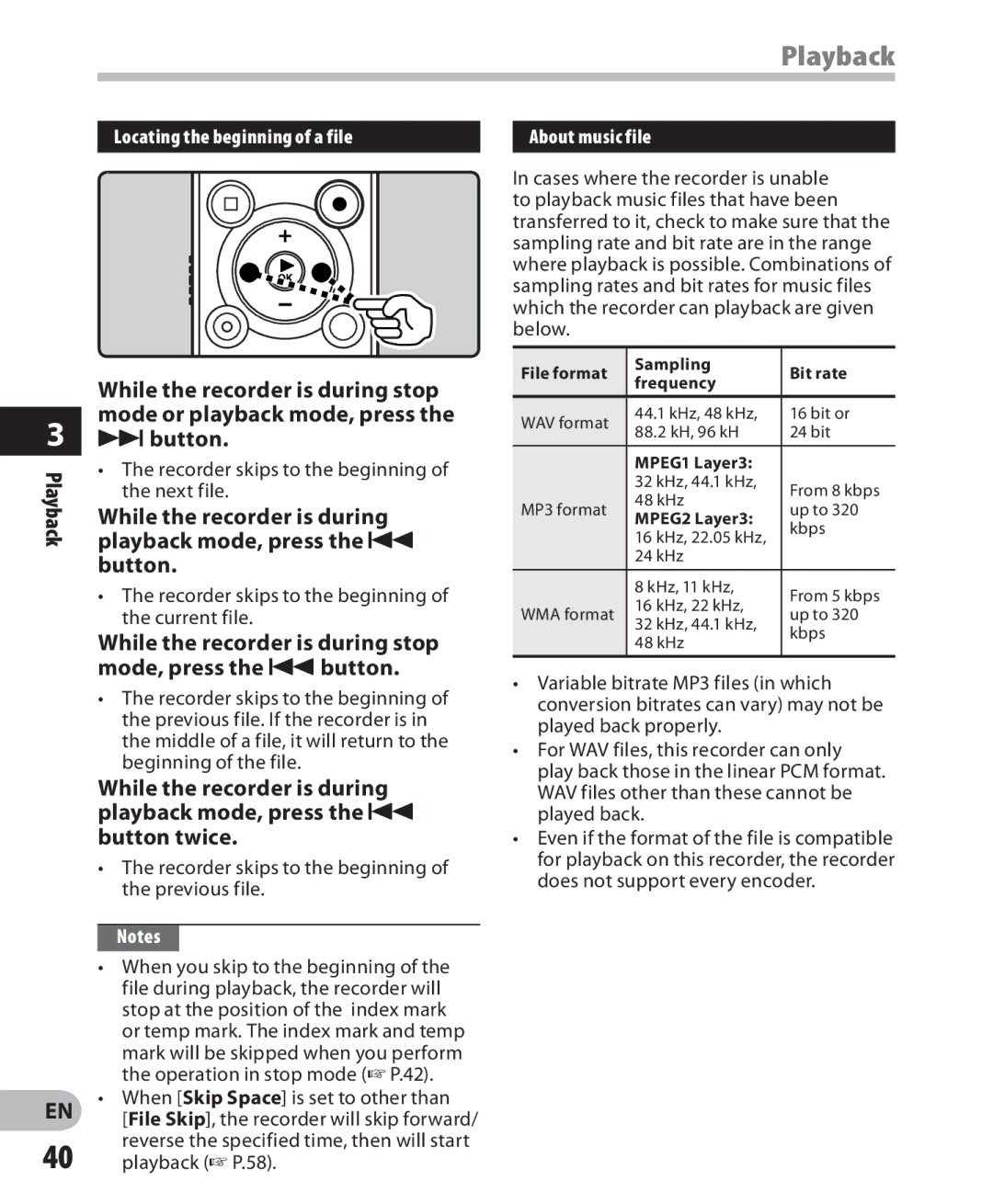 Olympus LS-7 manual 9button, Playback mode, press, While the recorder is during stop 