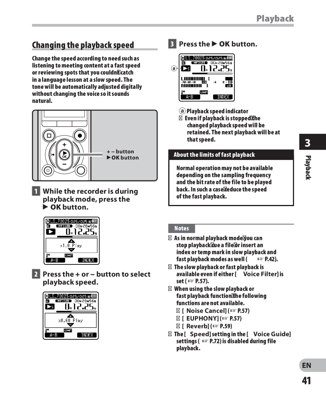 Olympus LS-7 manual Changing the playback speed, About the limits of fast playback, Noise Cancel P.57 