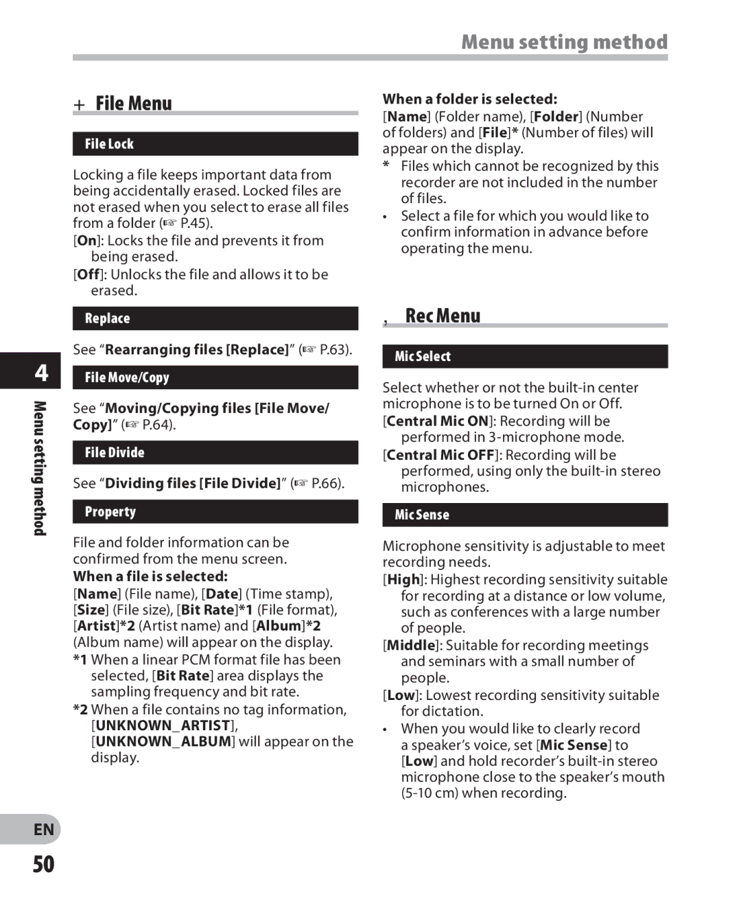 Olympus LS-7 manual + File Menu, Rec Menu 