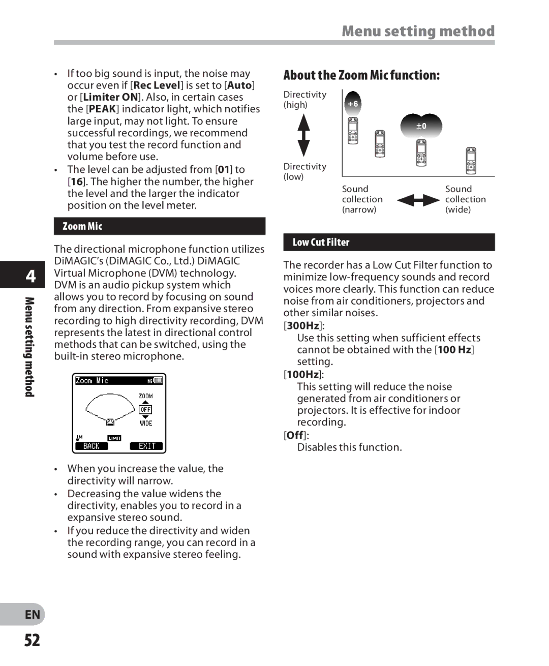 Olympus LS-7 manual About the Zoom Mic function, Low Cut Filter, 300Hz, 100Hz 