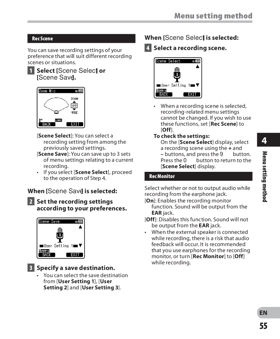 Olympus LS-7 manual Select Scene Select or Scene Save, When Scene Save is selected, Specify a save destination 