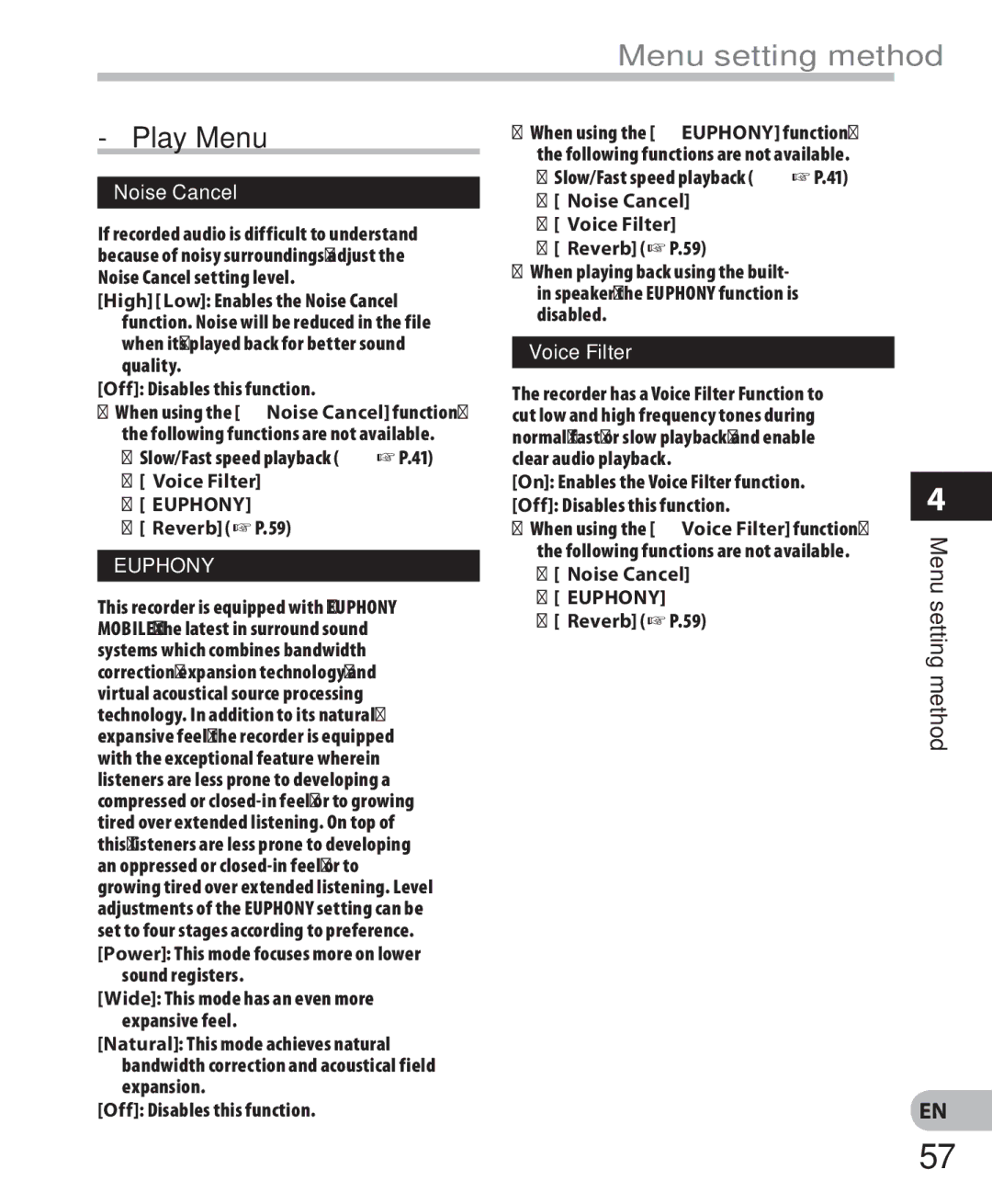 Olympus LS-7 manual Play Menu, Noise Cancel, Voice Filter 