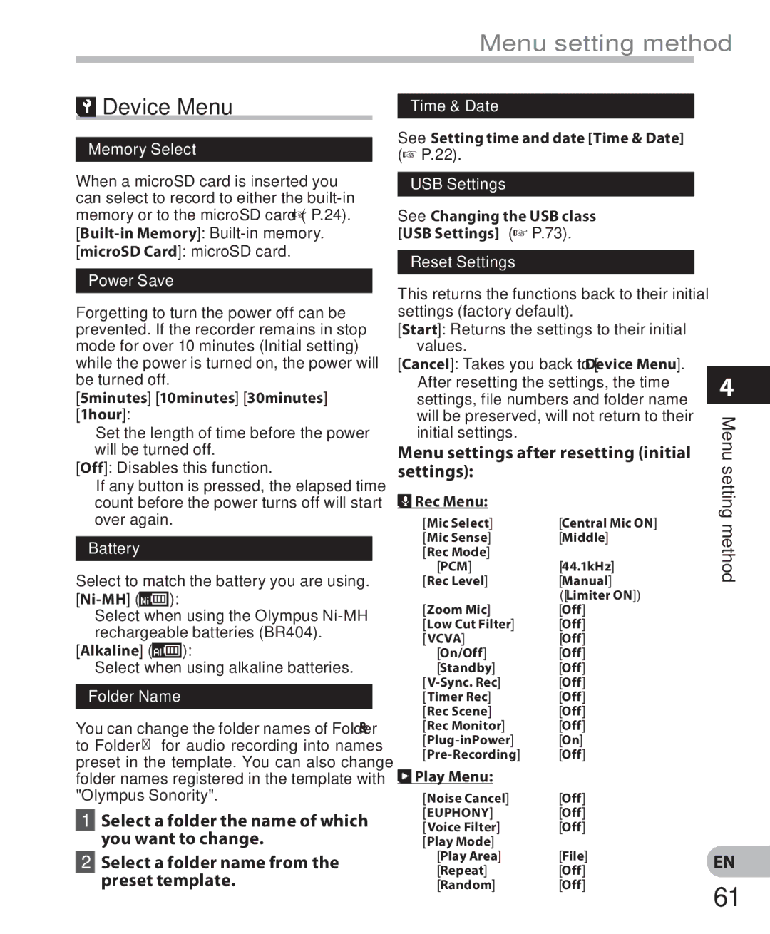 Olympus LS-7 manual Device Menu, Menu settings after resetting initial settings 