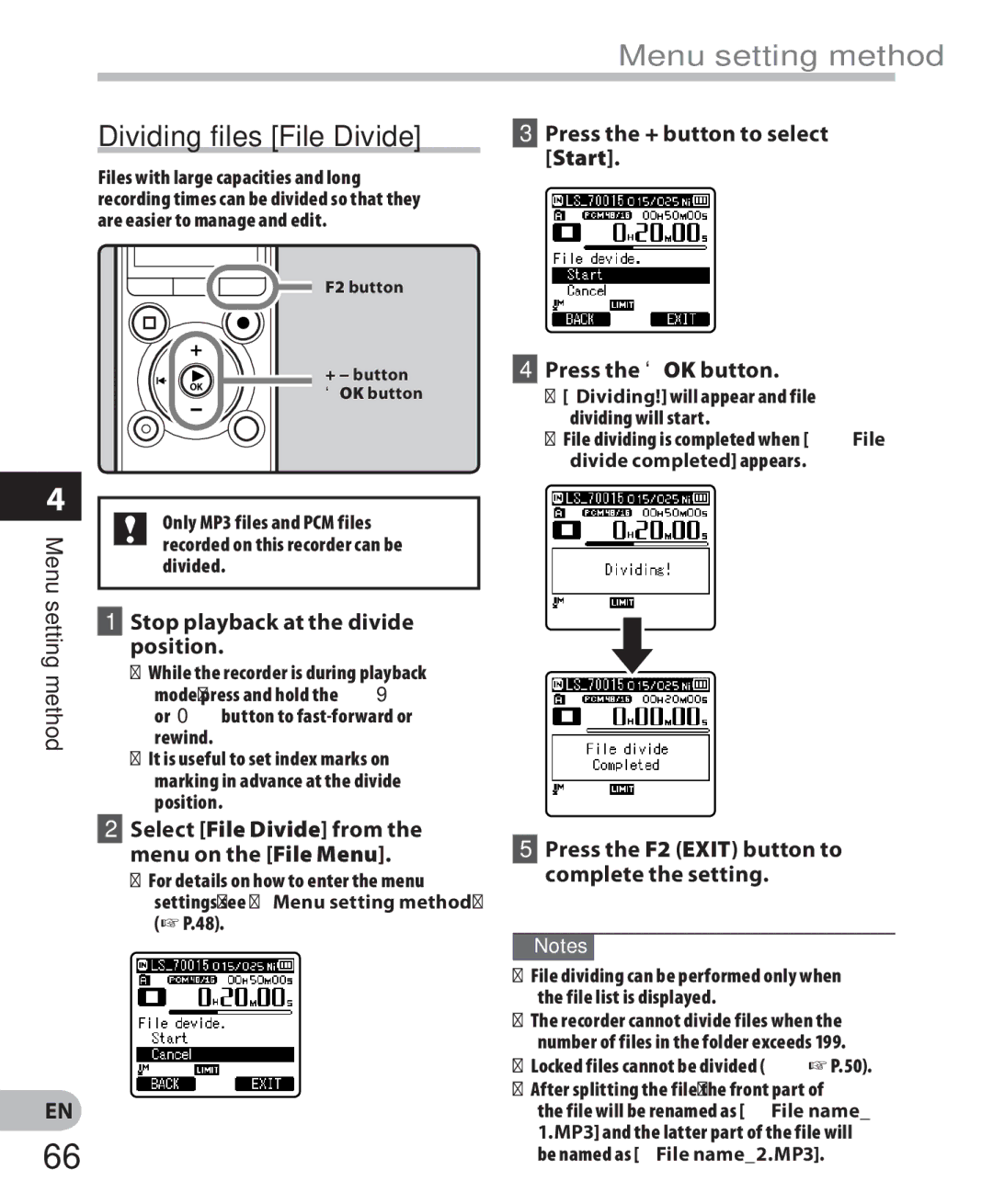 Olympus LS-7 manual Dividing files File Divide, Stop playback at the divide position 