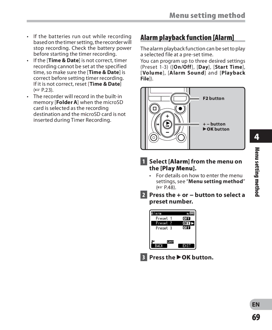 Olympus LS-7 manual Alarm playback function Alarm, Select Alarm from the menu on the Play Menu 