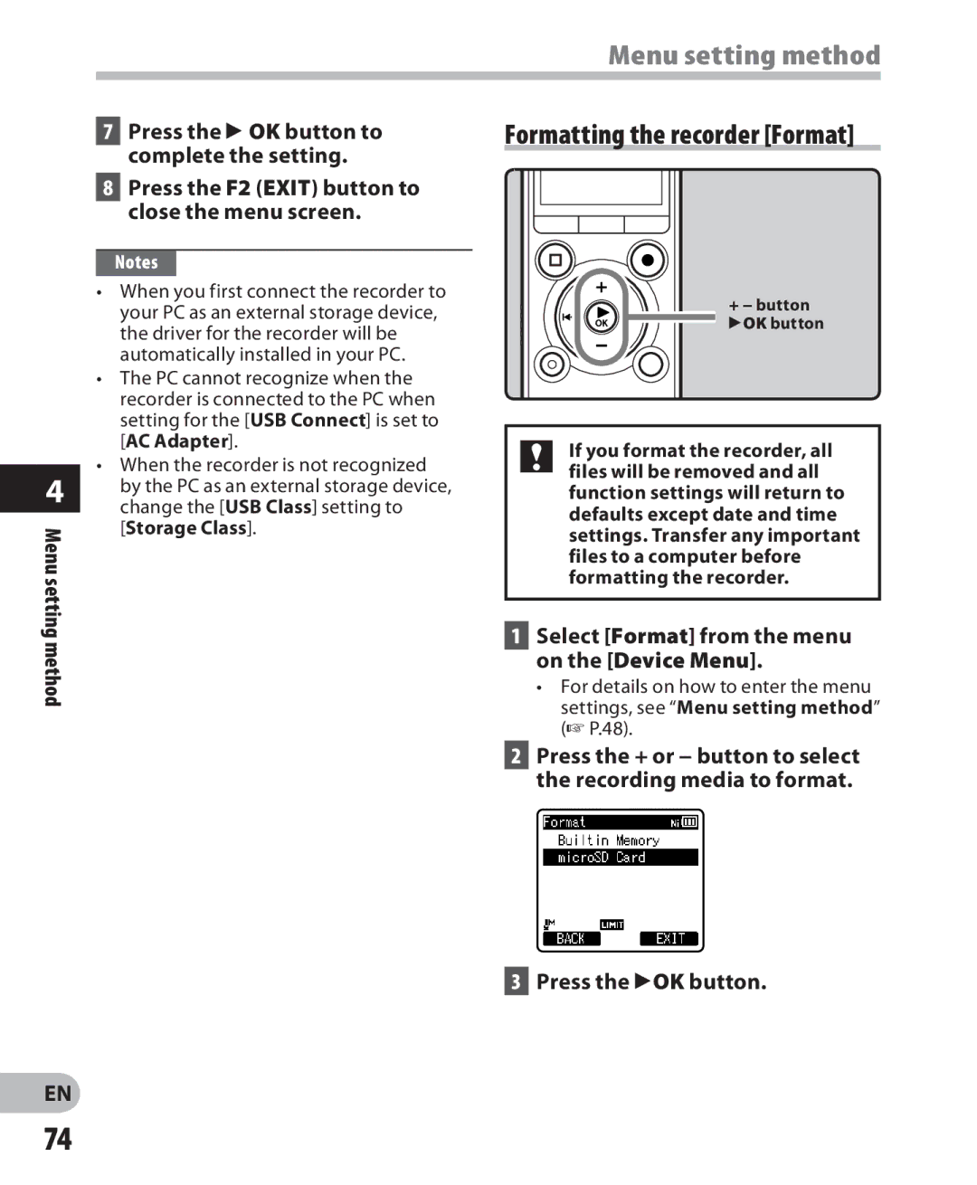 Olympus LS-7 manual Formatting the recorder Format, Method Select Format from the menu on the Device Menu 