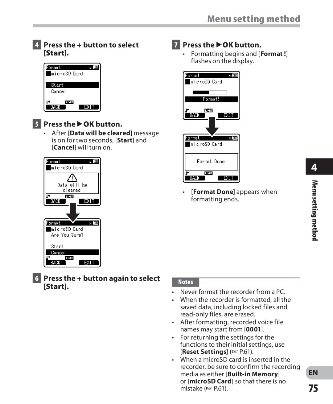 Olympus LS-7 manual Setting method, Menu 