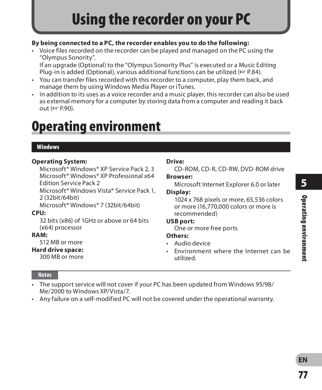 Olympus LS-7 manual Operating environment, Windows 