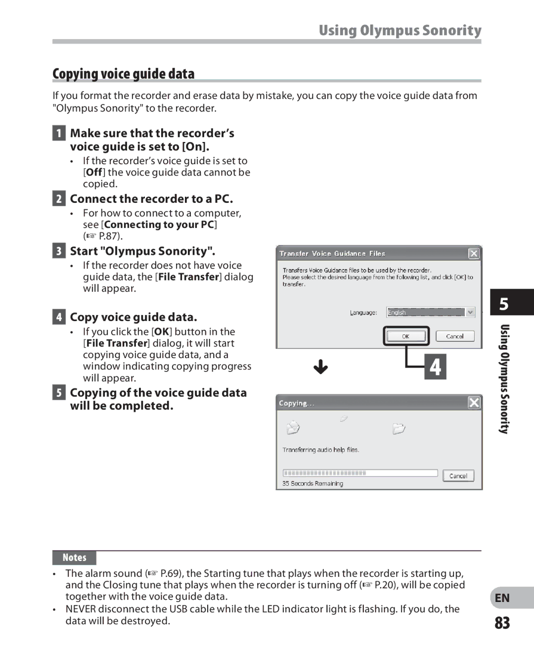 Olympus LS-7 manual Copying voice guide data, Connect the recorder to a PC, Start Olympus Sonority, Copy voice guide data 