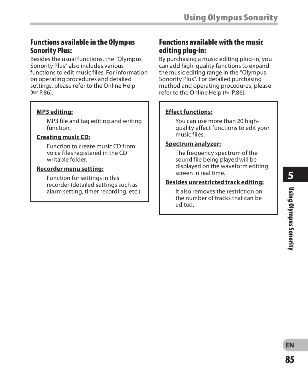 Olympus LS-7 manual Functions available in the Olympus Sonority Plus, Functions available with the music editing plug-in 