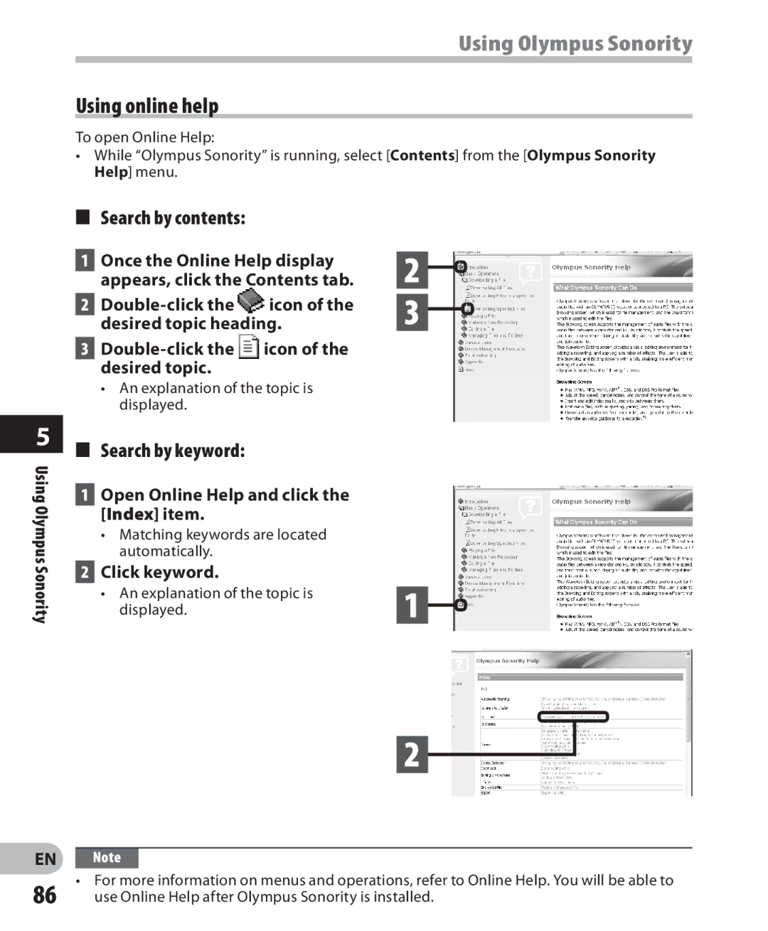 Olympus LS-7 manual Using online help, Search by contents, Search by keyword 