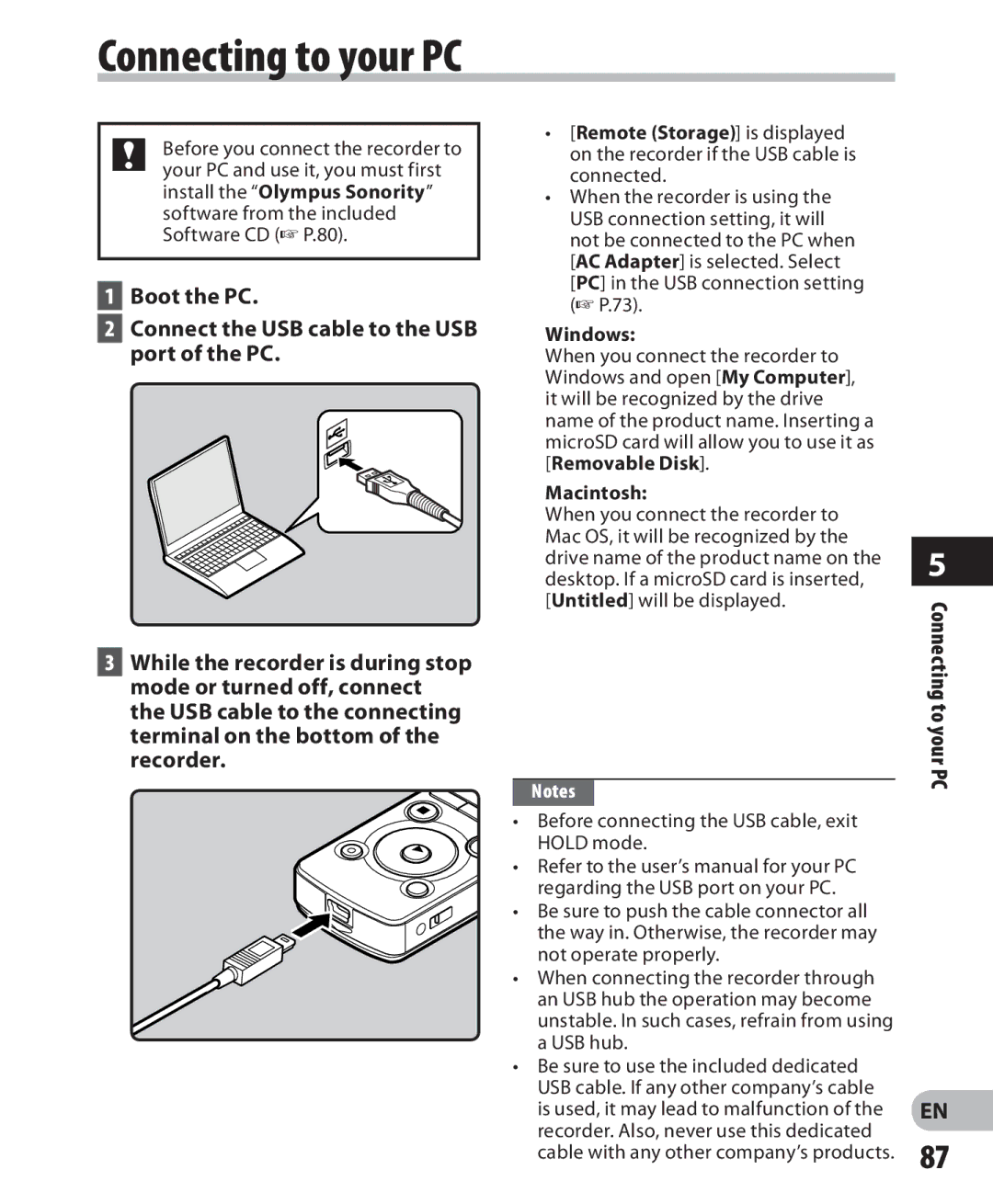 Olympus LS-7 manual Connecting to your PC, Windows, Macintosh 