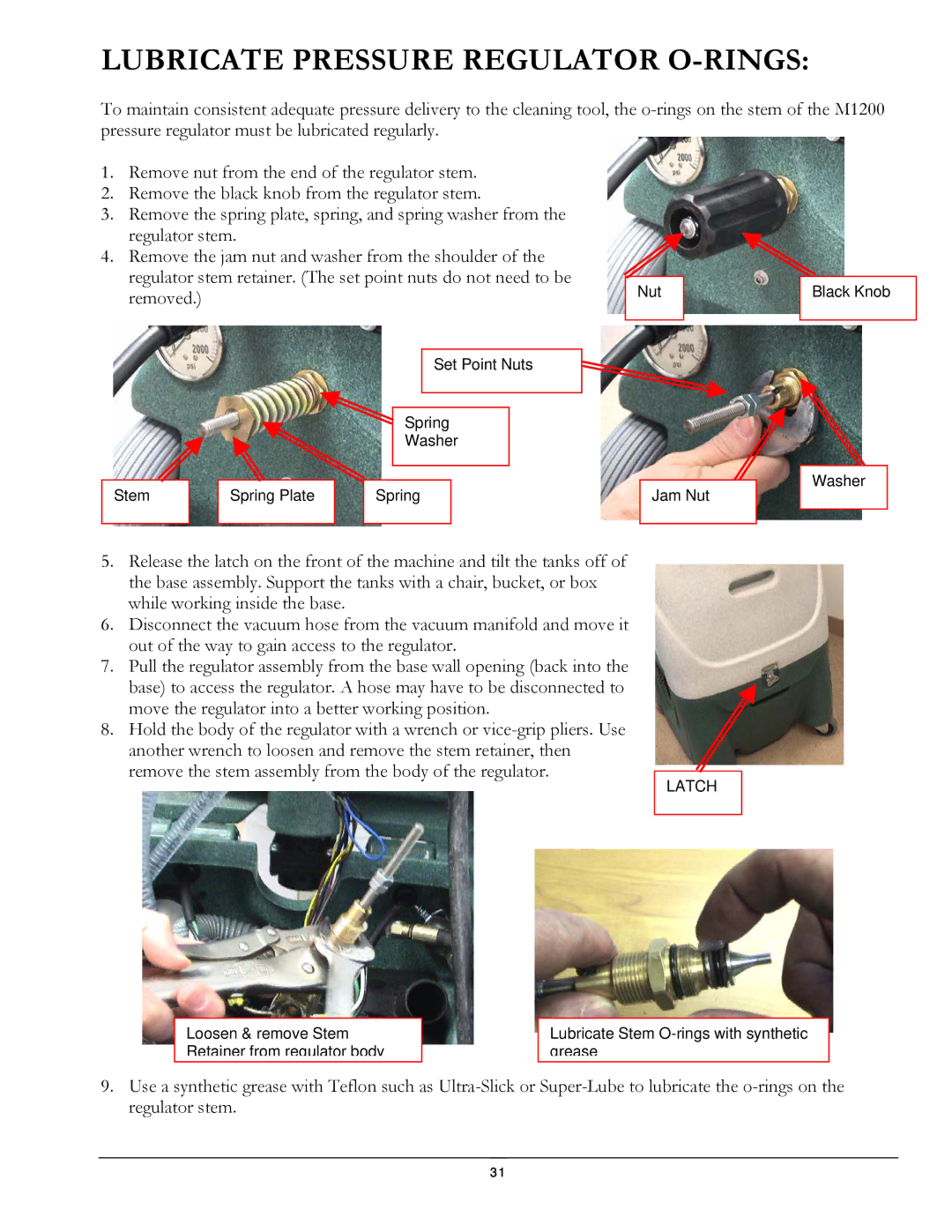 Olympus M1200 manual Lubricate Pressure Regulator O-RINGS, Latch 