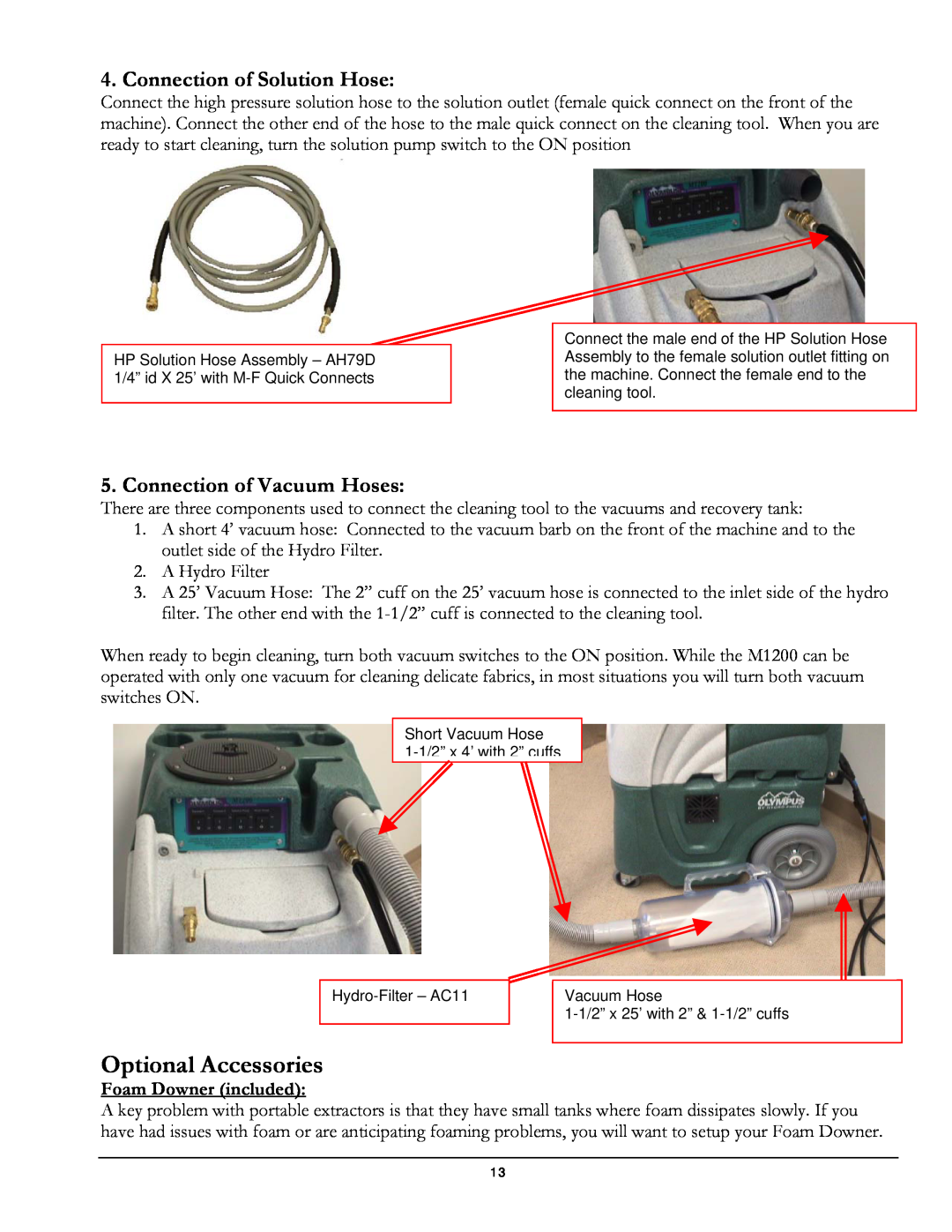 Olympus M1200 manual Optional Accessories, Connection of Solution Hose, Connection of Vacuum Hoses 