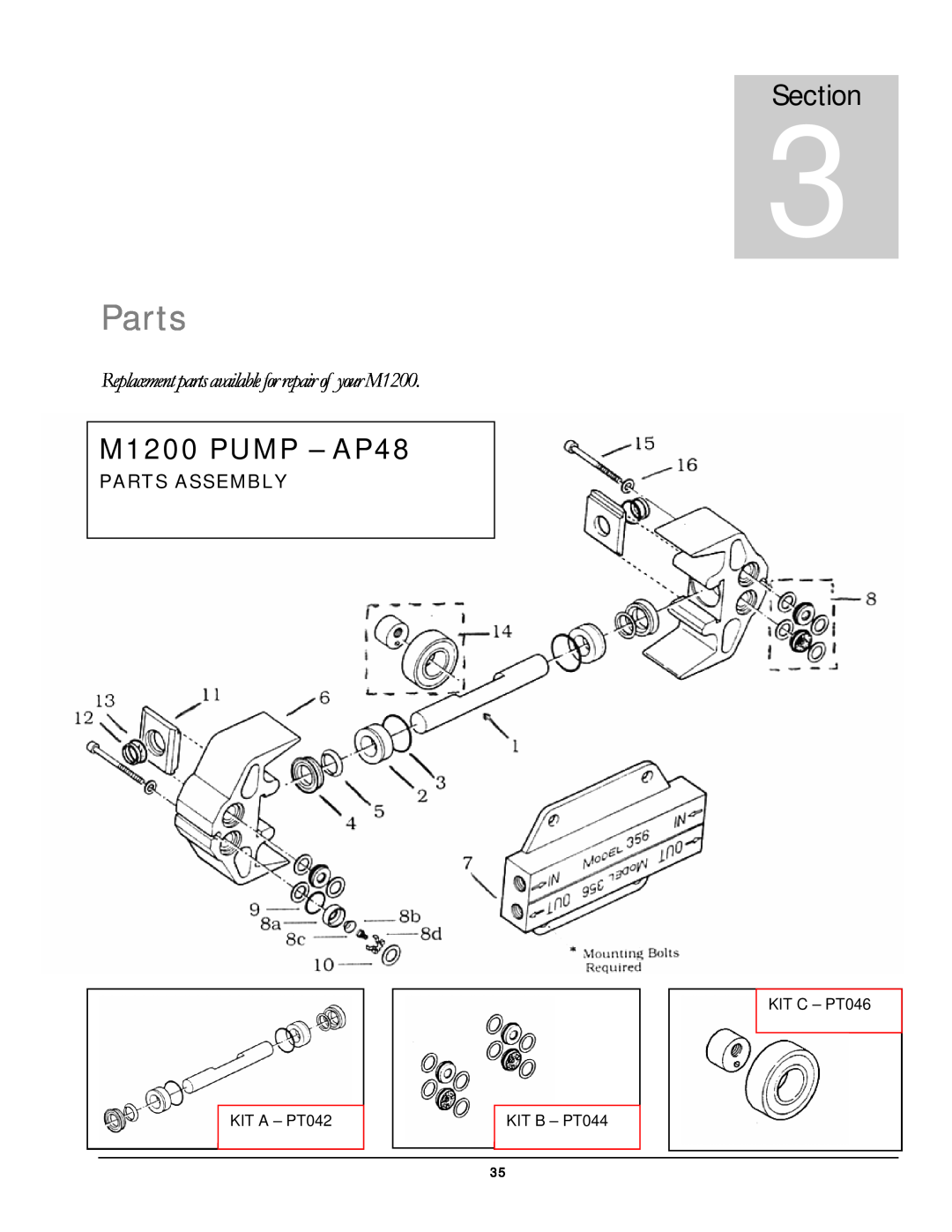 Olympus manual M1200 PUMP - AP48, 3Section, Parts Assembly, KIT A - PT042, KIT B - PT044, KIT C - PT046 