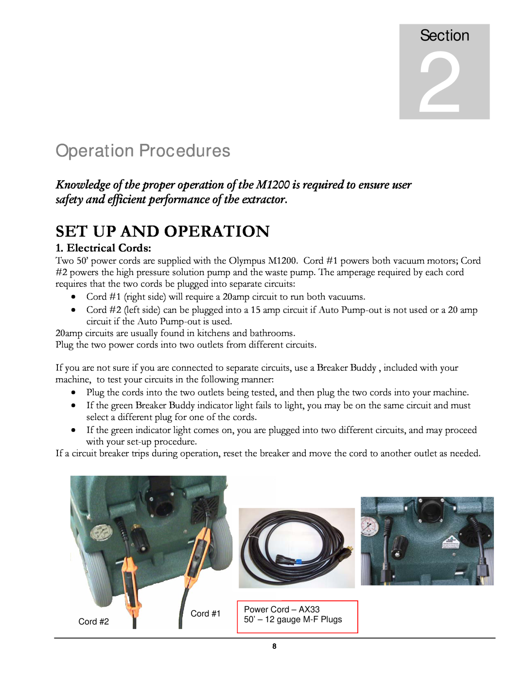 Olympus M1200 manual Operation Procedures, Set Up And Operation, 2Section, Electrical Cords 