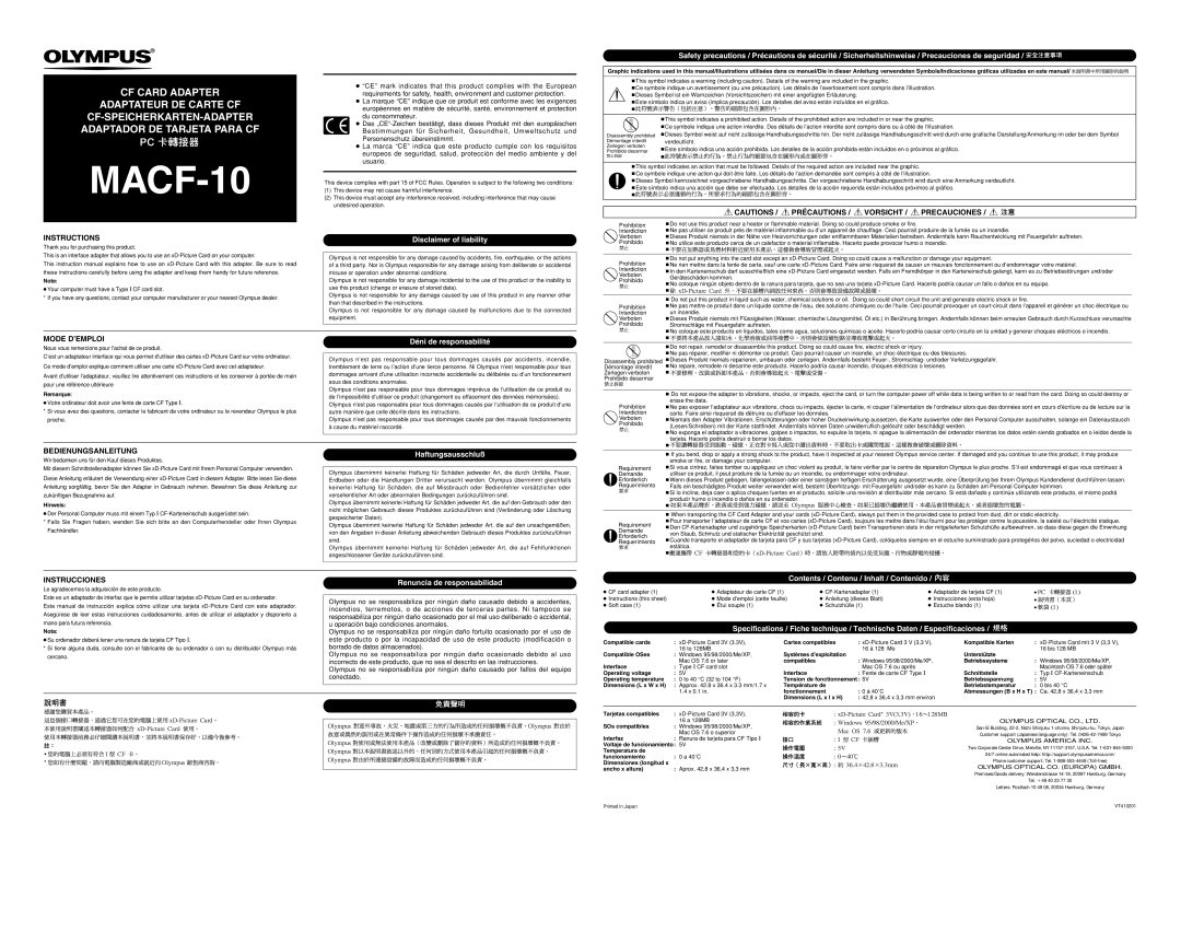 Olympus MACF-10 specifications Instructions, Précautions Vorsicht Precauciones, Mode D’EMPLOI, Bedienungsanleitung 