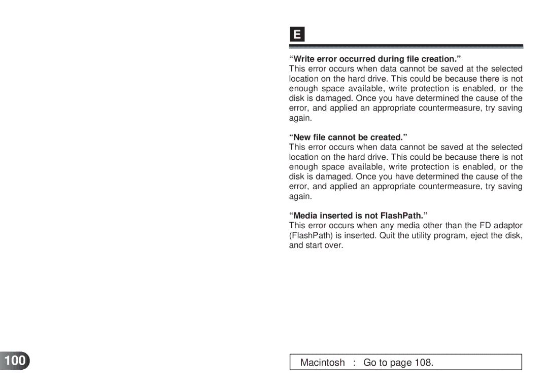 Olympus MAFP-1E manual 100, Write error occurred during file creation, New file cannot be created 