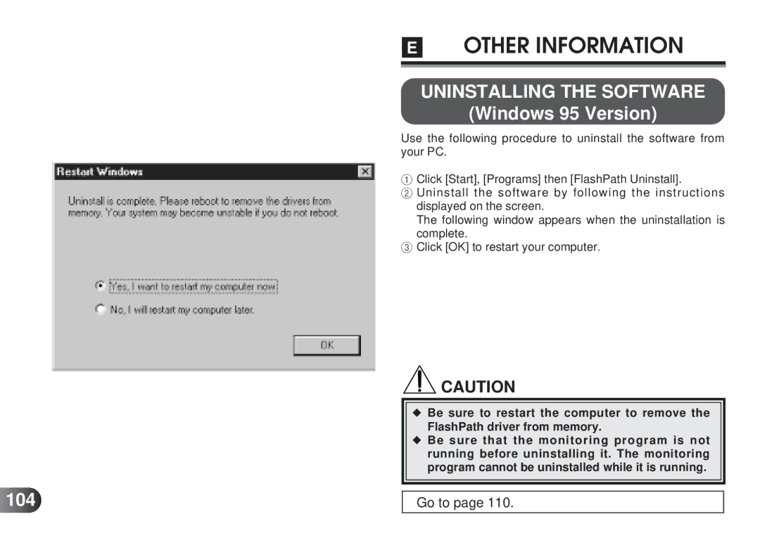 Olympus MAFP-1E manual Uninstalling the Software, Windows 95 Version, 104 