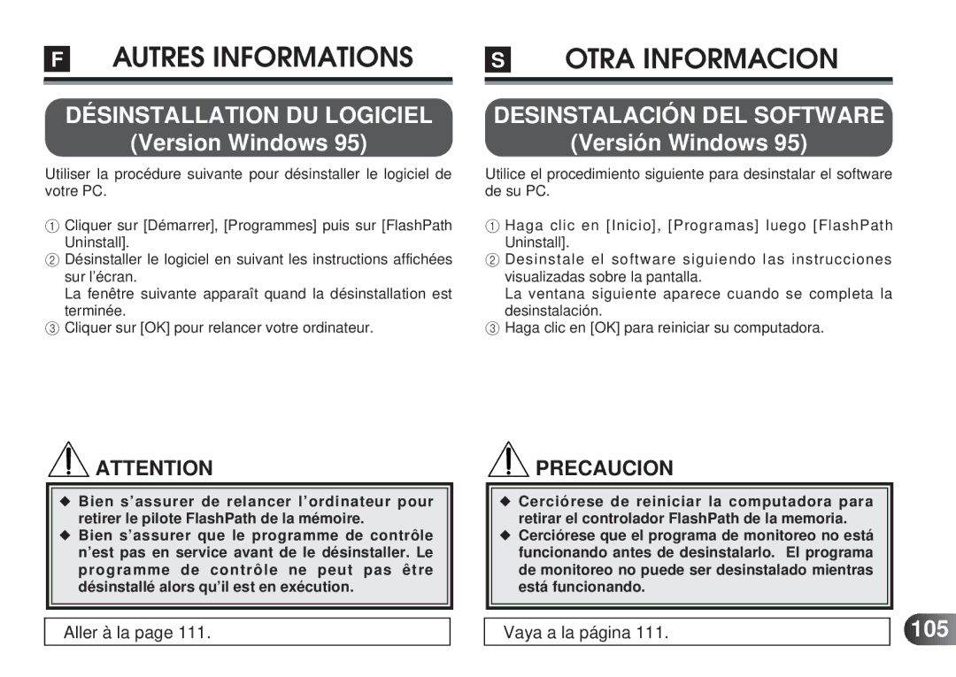 Olympus MAFP-1E manual Désinstallation DU Logiciel, Version Windows, Desinstalación DEL Software, Versión Windows, 105 